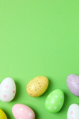 Happy Easter. Colorful eggs on color background, space for text or advertising