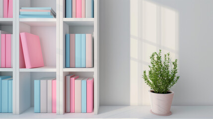 bookcase with pink and blue books. plant in pot. white interior. room decor
