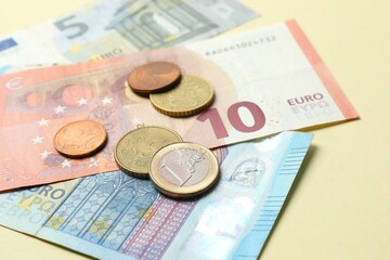 Euro banknotes and euro cents on the table. Finance and economics. Saving money concept. Saving currency. Investments. Copy space