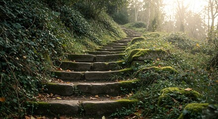 Stone steps surrounded by lush greenery and moss, evoking a serene and peaceful atmosphere as they lead upward through a forested path illuminated by soft sunlight