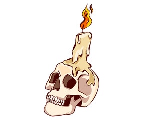 Spooky Skull with Melted Candle and Flame Illustration