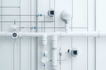 Modern water management system with pipes and monitoring devices in clean, industrial environment