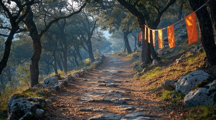 Ancient path winding through a sunlit forest.  Colorful flags hang from trees.  Misty morning light