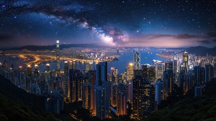 Obraz premium Night View of Hong Kong Skyline Under Milky Way Stars