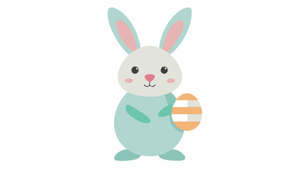 Obraz premium Cartoon bunny holding a striped egg with pink cheeks and long ears on white ground. Perfect for Spring Invitations, Holiday Branding, and Creative Event Projects