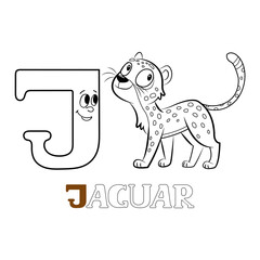 A black-and-white linear vector illustration featuring the letter J next to a jaguar. 