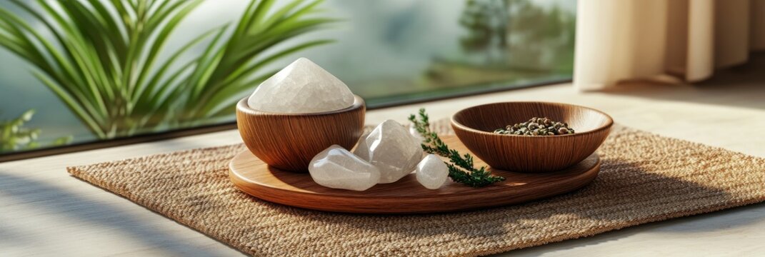 Serenity Stones and Herbs on Meditation Mat - Find inner peace with this symbolizing tranquility, mindfulness, natural healing, spiritual growth