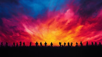 Fototapeta premium Silhouetted Figures at Sunset Painting - A vibrant sunset sky, painted in fiery hues of red, orange, and yellow