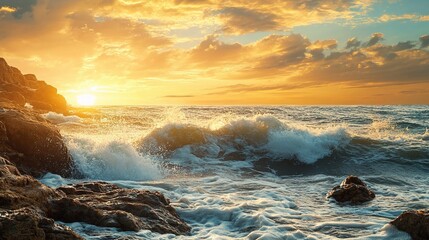 Obraz premium Wild Coastal Landscape with Waves Crashing on Rocks at Sunset