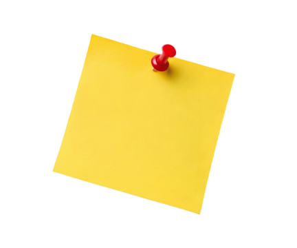 Yellow sticky memo note attached with a red pushpin, isolated on white transparent background. Office stationery cutout for productivity and task management