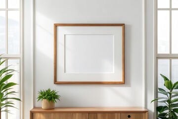 Artistic Presentation: A blank art piece hangs on the wall, ready for design. Interior design, decor, elegant living space, sunlight.