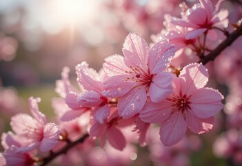 Spring flowers close-up, close-up of delicate cherry blossoms in full bloom covered with morning dew