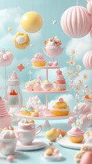 A whimsical pastel dessert display with cupcakes and decorations