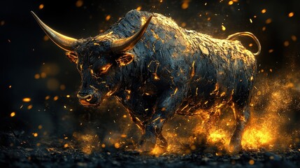 A powerful animated bull figure glowing with a fiery aura