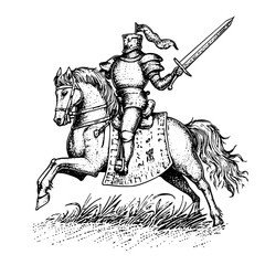 Fototapeta premium Historic knight on horseback gallantly charging forward with sword raised in an intricately engraved design