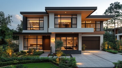 Modern two-story house with large windows, evening lighting, and landscaped yard.