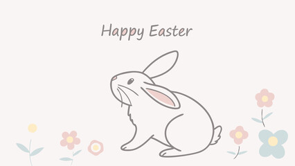 A cartoon easter bunny with flowers and happy easter text on a white background. Perfect for Spring Invitations, Holiday Branding, and Creative Event Projects