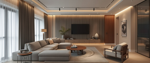 modern living room interior with neutral tones and comfortable furniture