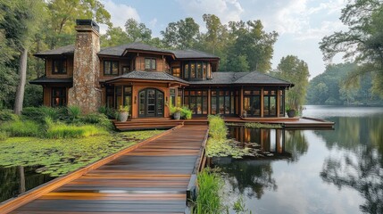 Fototapeta premium Luxurious lakefront home with wooden dock and expansive windows.