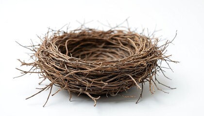 Bird nest made from twigs isolated against white backdrop. Empty nest represents new beginnings, spring season, wildlife. Crafted with care offer shelter, protection. Natural woven texture, detailed