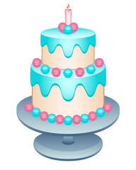 Cake. Two-tier birthday cake with a candle on a stand. Cake decorated with pastry cream, glaze and sweets in pink and blue shades on a silver dish - full color vector illustration.	