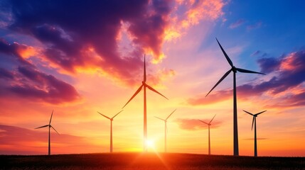 Obraz premium Wind Turbines at Sunset - Silhouetted wind turbines stand tall against a vibrant sunset, showcasing clean energy and natural beauty