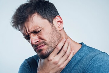 Obraz premium Neck and throat pain affecting daily life and comfort for a man in casual attire