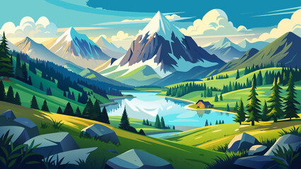 Breathtaking panoramic view of an idyllic alpine landscape with a serene mountain lake surrounded by lush green meadows rolling hills and majestic snow capped peaks in © ehsanollah