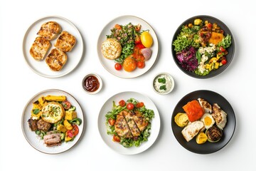 Delicious assortment of gourmet plates featuring fresh ingredients on a white background