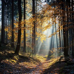 Obraz premium Enchanting Fall Day in a Serene Forest with Gentle Light Beams