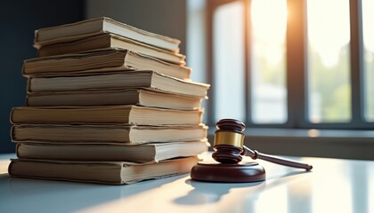 Stack of law books with judge gavel shows judicial system concept. Courthouse library, justice symbol, legal education. Lawmaking, equity, regulatory compliance, appellate advocacy, judiciary verdict