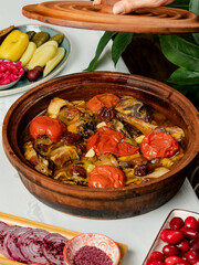 Traditional Azerbaijan stew with vegetables - Buglama in ceramic pot