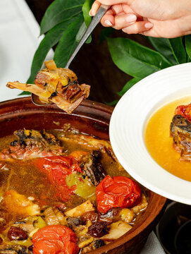 Traditional Azerbaijan stew with vegetables - Buglama in ceramic pot