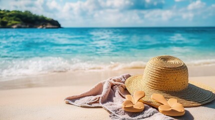 Relaxing Day at the Beach with Straw Hat and Flip Flops Nearby
