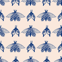Butterflies blue line on beige background vector seamless pattern. Line and spot. Line art. Vector illustration.