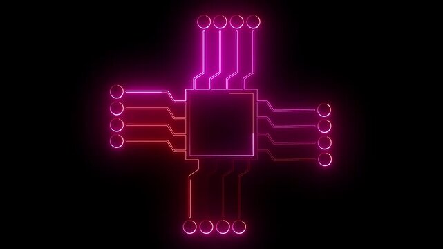 Transistor neon animation. Microcircuit on the black background animated icon glow effect. Moving signals. Electronic component. Dynamic overlay HD video with alpha channel