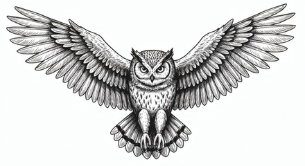Obraz premium Majestic Owl in Flight: A Striking Black and White Illustration of a Great Horned Owl with Wings Spread Wide