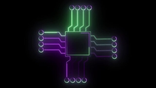 Transistor neon animation. Microcircuit on the black background animated icon glow effect. Moving signals. Electronic component. Dynamic overlay HD video with alpha channel