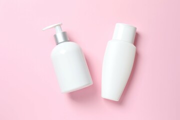 Natural cosmetic products a pink background, top view