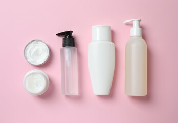 Natural cosmetic products a pink background, top view