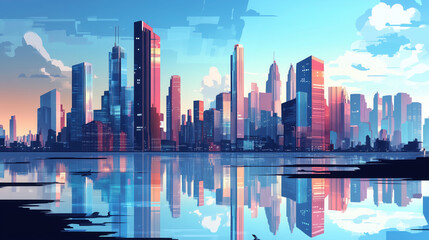 Modern Urban Architecture Featuring Towering Skyscrapers and Reflections in a Smart City, Perfect for Corporate Brochure Templates and Business Marketing Materials
