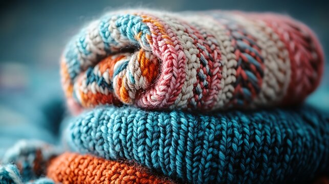 Soft knitted fabric stacked in cozy, colorful textures. Close-up of intricate handmade textile work. Warm and inviting craft project. National Craft Month