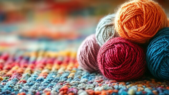 Vibrant yarn balls resting on woven textile. Close-up of knitting supplies for handmade fiber arts project. Warm and artistic wool textures. National Craft Month with copy space