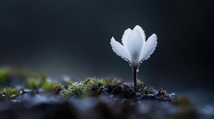 Dew-kissed white flower in dark setting