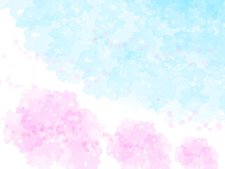 春の桜と花びらと青空イメージのテクスチャー背景素材。桜並木のイメージ。