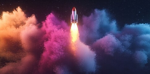 A Colorful Rocket Blasting Off Amidst Swirling Cosmic Clouds
