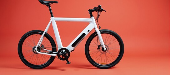 Fototapeta premium Modern white electric bike with vibrant red backdrop highlighting its sleek eco-friendly design