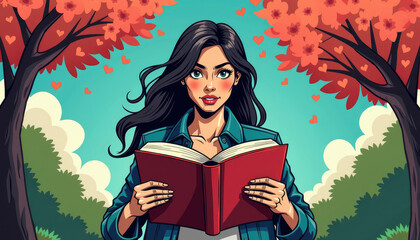 Young woman reading a book in a colorful autumn setting  