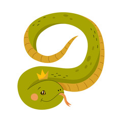 Cute green snake in a golden crown. Symbol of the Chinese New Year 2025. Vector flat illustration isolated on a white background.