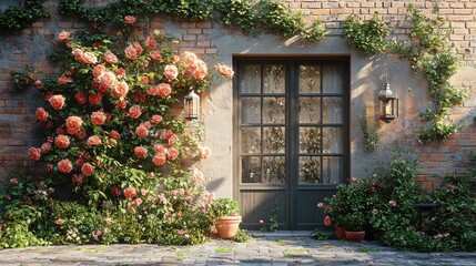Fototapeta premium Charming garden entrance adorned with blooming roses and rustic lanterns